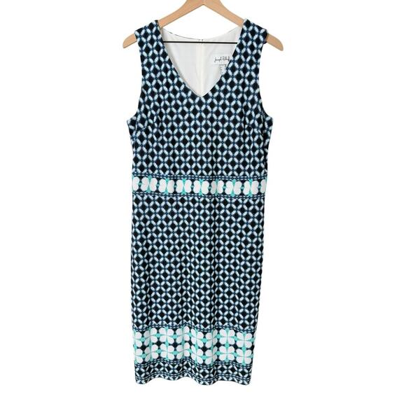 Joseph Ribkoff Blue Geo Print Sheath Midi‎ Dress V-Neck Sleeveless, Size 14 - Picture 2 of 11